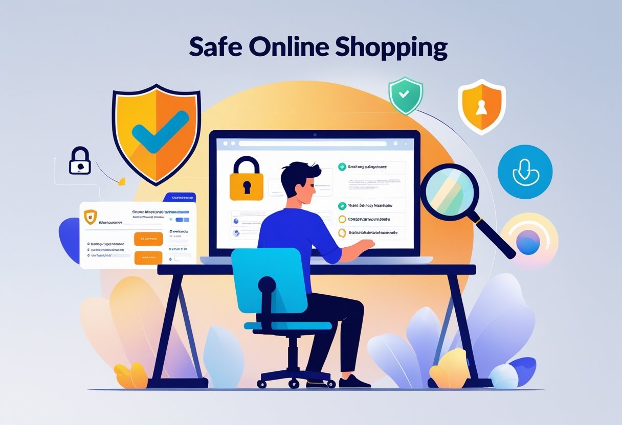 Pessoa usando laptop em uma mesa, cercada por ícones que representam segurança em compras online, como cadeado, escudo, cartão de pagamento e lista de verificação.
